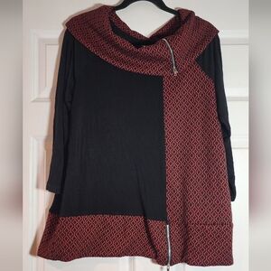 Creation Black And Red Patterned Cowl Neck Top Zipper Detail XL
